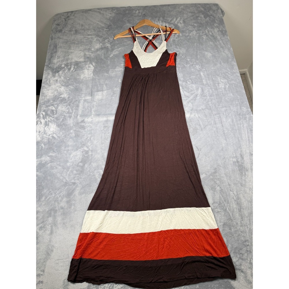 Pink Rose Maxi Dress Women Medium Brown Colorblock Summer Beach Crisscross Strap